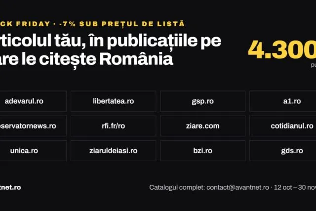 Avantnet.ro Black Friday: articole sponsorizate cu 7% sub prețul de listă